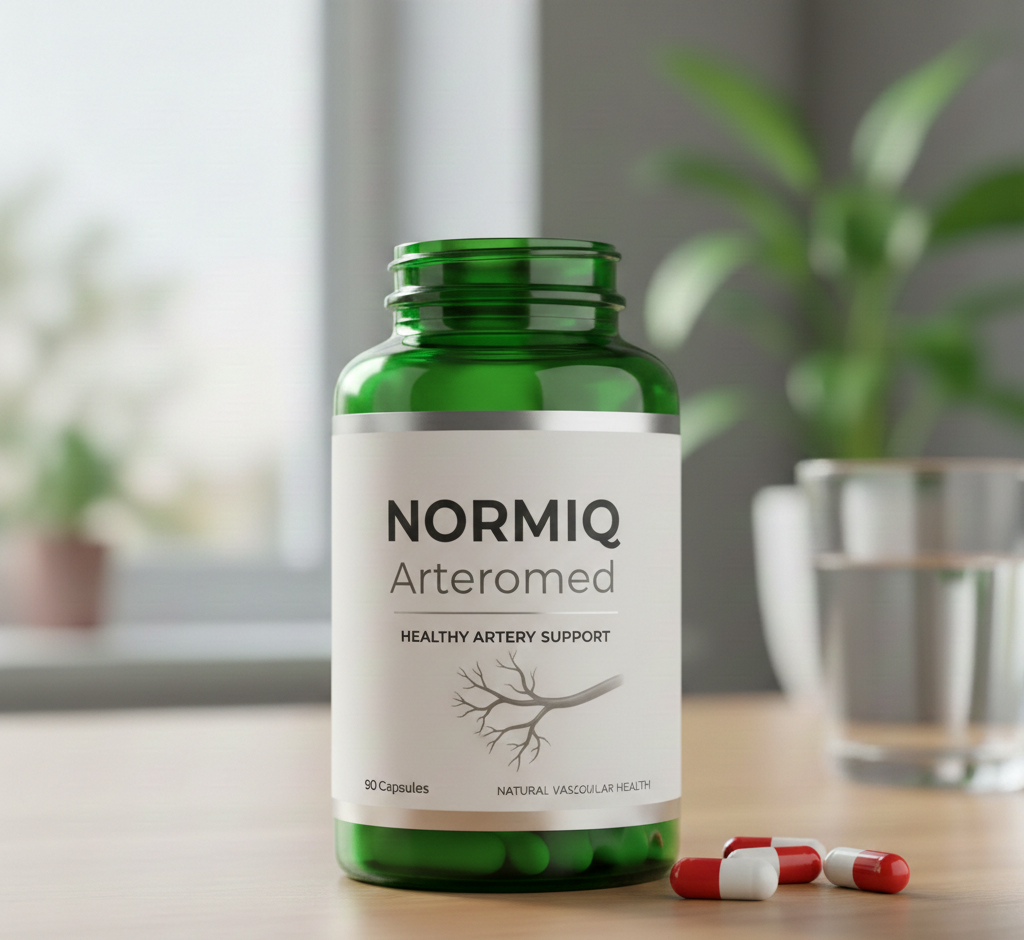 Návrh realistického balení Arteromed - moderní bílá krabička s tmavě zelenými prvky, obsahující přírodní doplněk stravy v kapslích pro podporu zdravého krevního tlaku, umístěná na čisté bílé ploše s jemným stínem